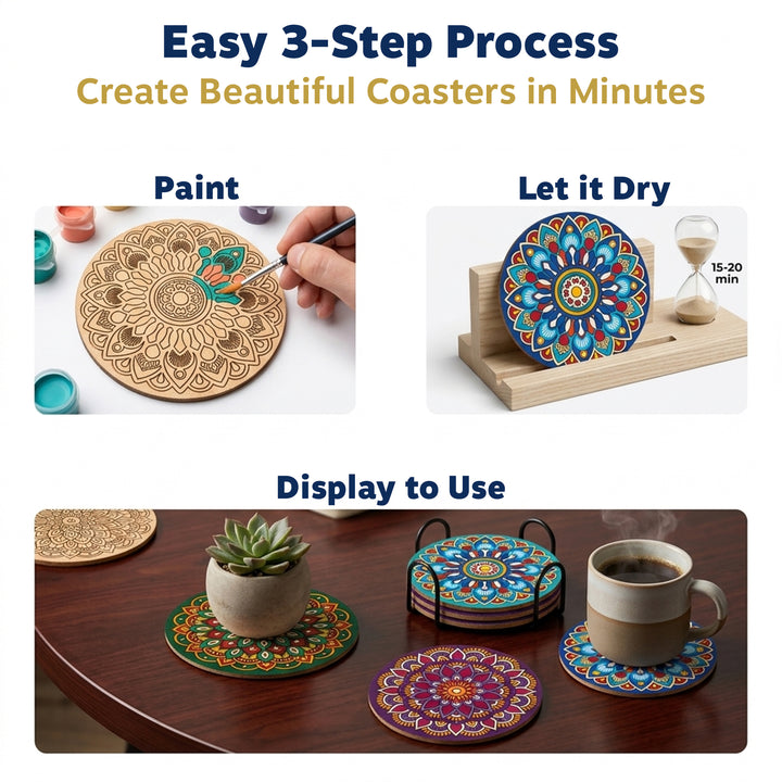 Webby DIY Art and Craft Wooden Mandala Coaster Set | Ages 7+ Years, Includes Paints & Brush, Pre-Engraved Designs, Eco-Friendly Wood, Display Stand Included