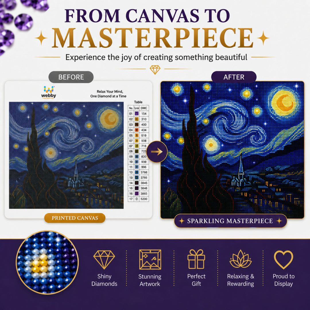 Webby DIY Starry Night 5D Diamond Painting Art and Craft Kit | Waterproof Canvas, Includes Diamond Pen, Stress Relief Activity, Resealable Storage Bags, Colour Chart Included