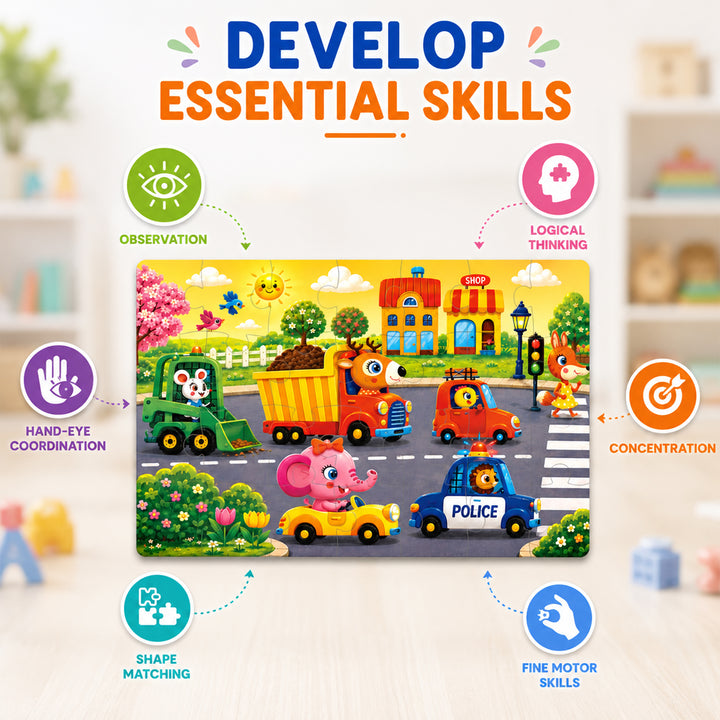 Webby Busy Vehicles Level Up Jigsaw Puzzles for Kids | 4 Puzzles in 1 Box, 21-28 Pieces per Puzzle, Ages 4+ Years