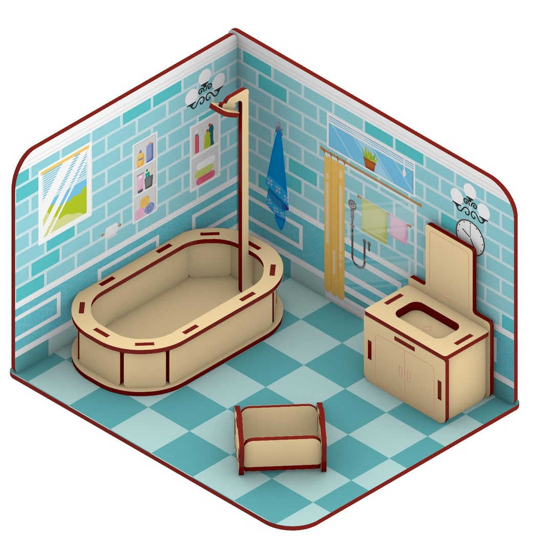 Webby Kids DIY Wooden Bathroom Doll House with Furniture