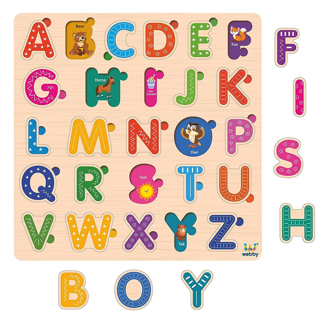 Webby Wooden Educational Colorful Alphabets, Counting Numbers and Fruit Puzzle for Preschool Kids - Set of 3