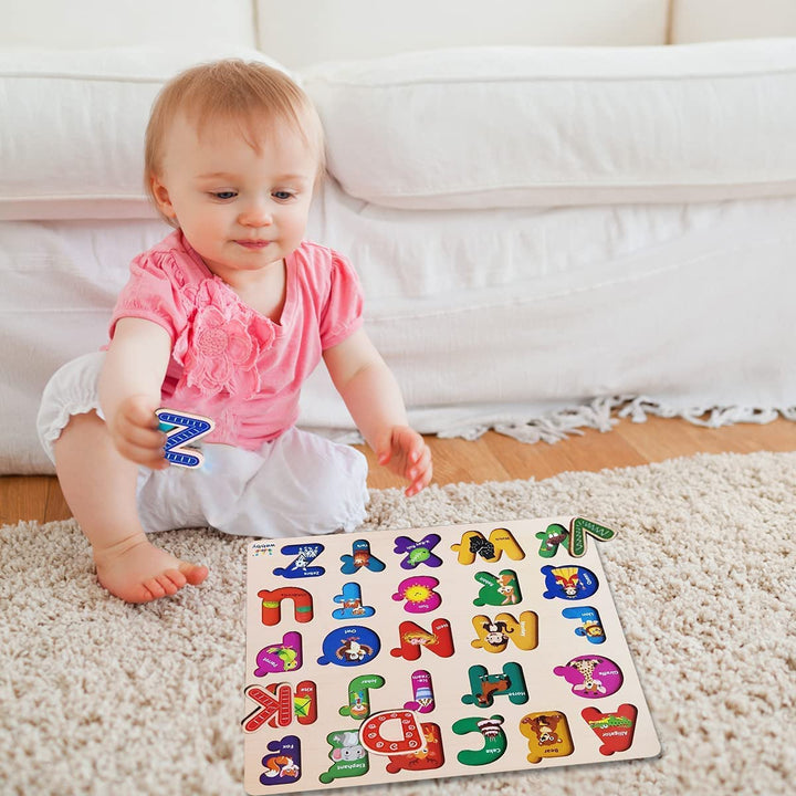 Webby Wooden Educational Colorful Alphabets, Counting Numbers and Fruit Puzzle for Preschool Kids - Set of 3