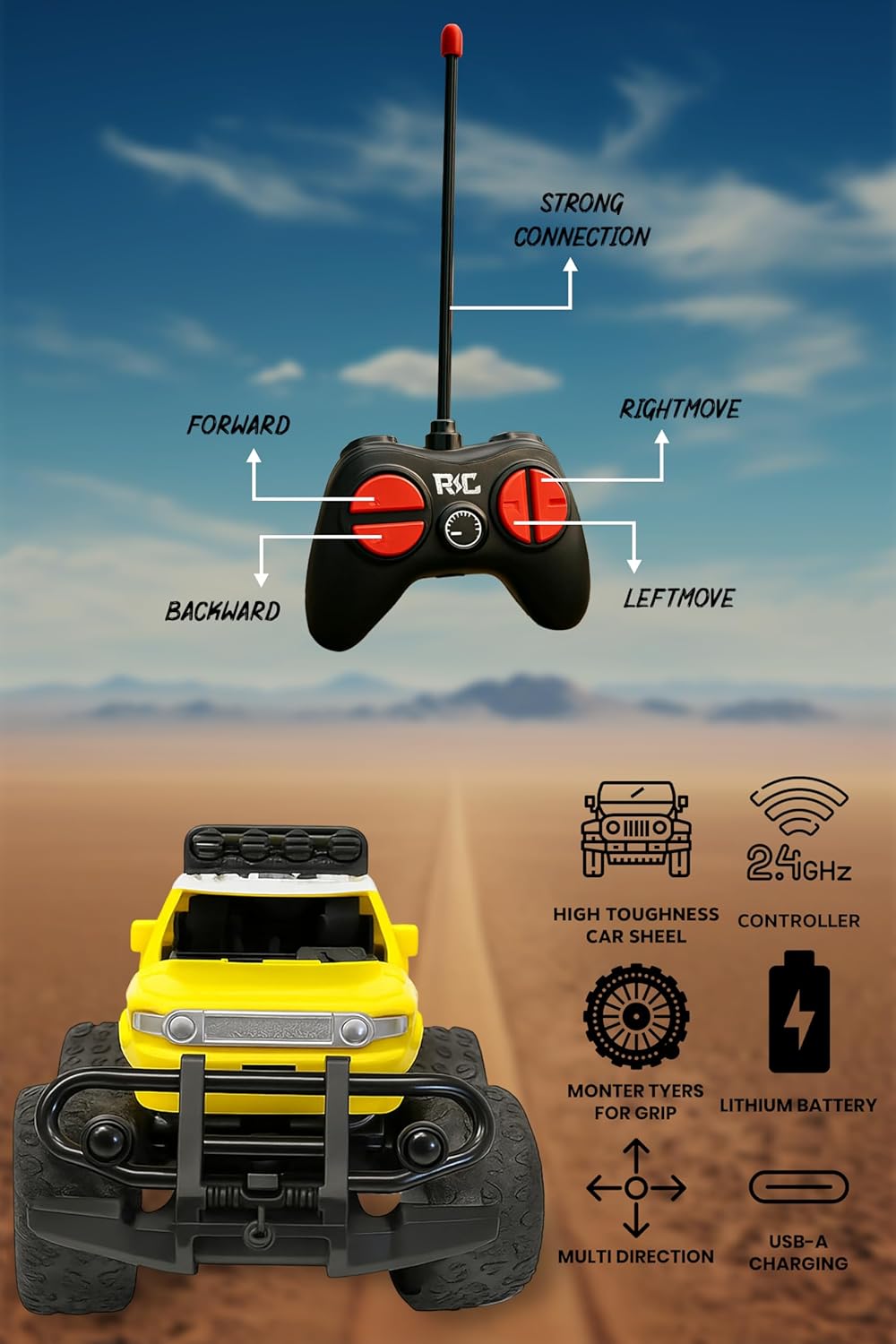 Webby Off-Road Remote Control Monster Truck for Boys | Multi-Direction Control | Birthday Gift for Boys & Girls | RC Car with Rechargeable Battery and USB Cable (Yellow)