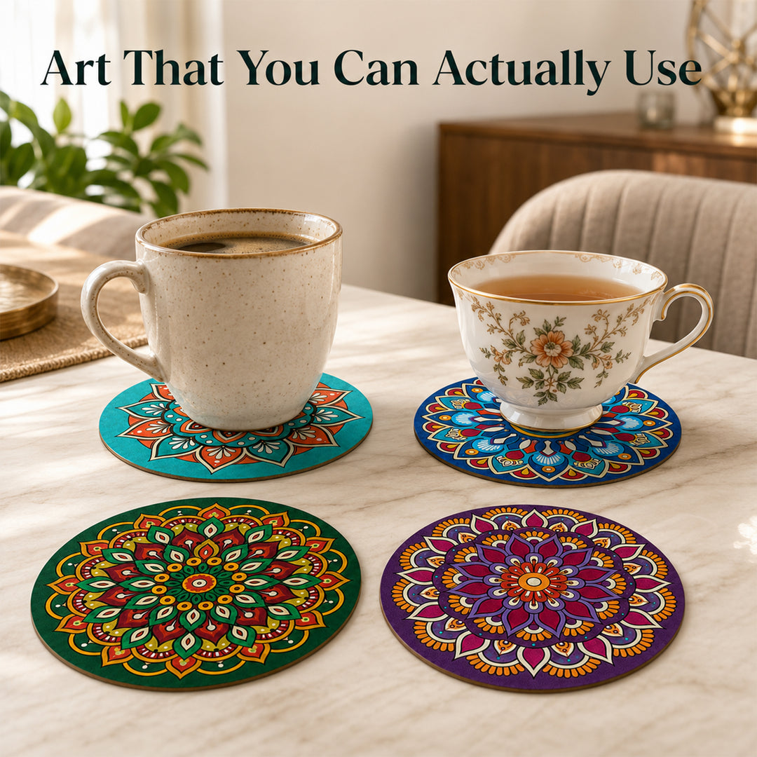 Webby DIY Art and Craft Wooden Mandala Coaster Set | Ages 7+ Years, Includes Paints & Brush, Pre-Engraved Designs, Eco-Friendly Wood, Display Stand Included