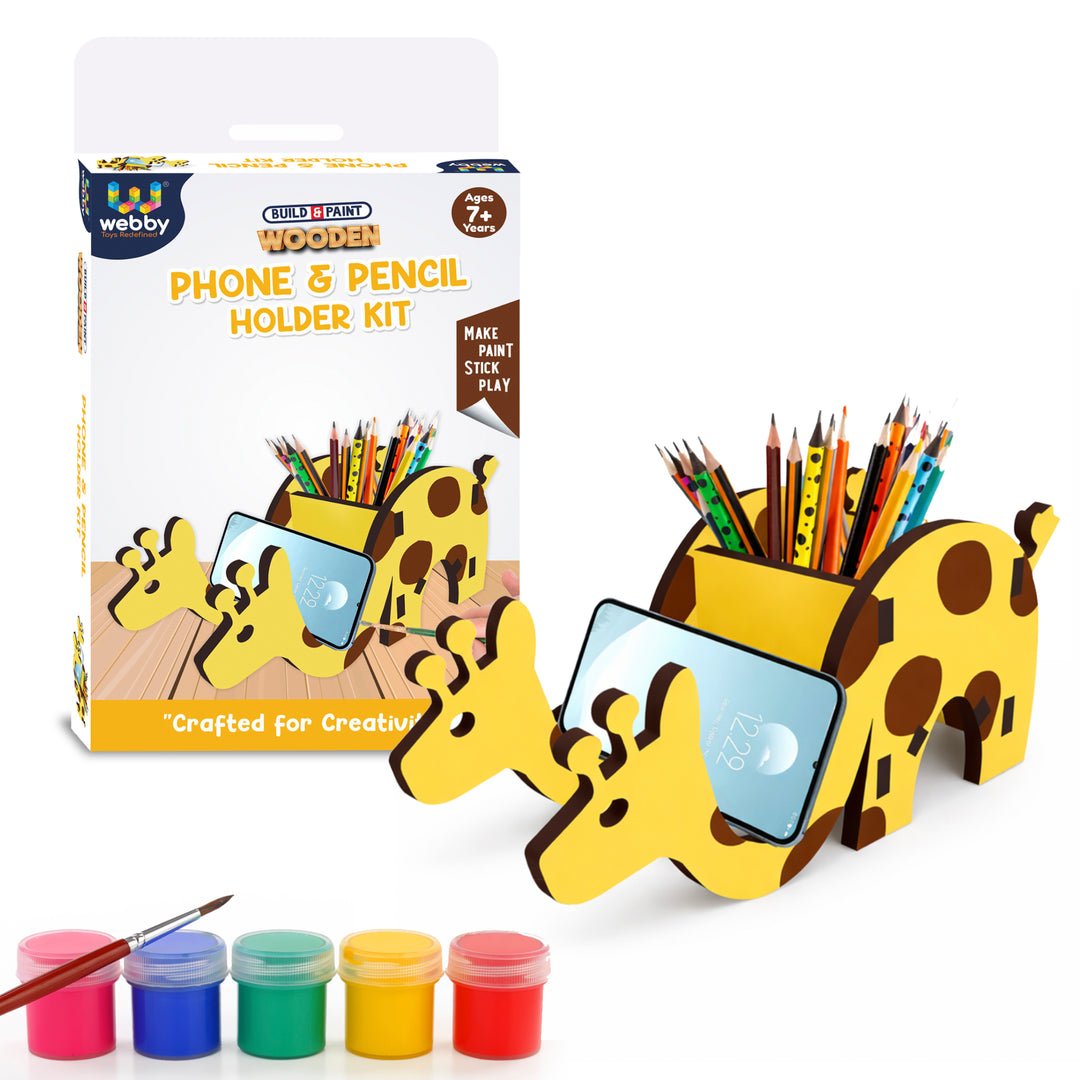 Webby Wooden DIY Paint Giraffe Pen and Pencils Holder Art and Craft Toy | Birthday Return Gift | Colour Paint Activity Kit for Kids