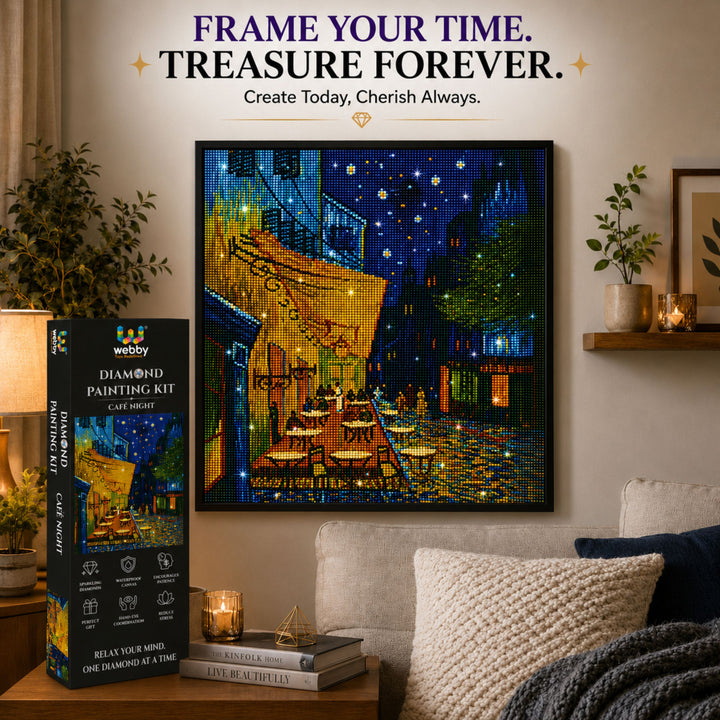 Webby Café Night 5D Diamond Painting Kit | Waterproof Canvas, 5D Diamond Beads, Includes Pen & Tweezer, Stress Relieving, For All Ages