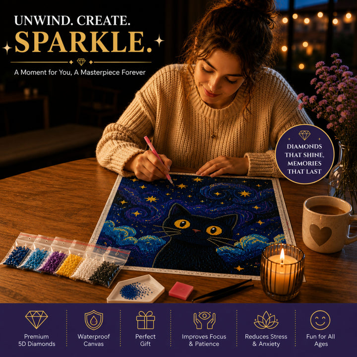 Webby Mystic Cat 5D Diamond Painting Art and Craft Kit | DIY Activity, Waterproof Canvas, 5D Crystal Diamonds, Includes Tools & Tray, Stress Relief