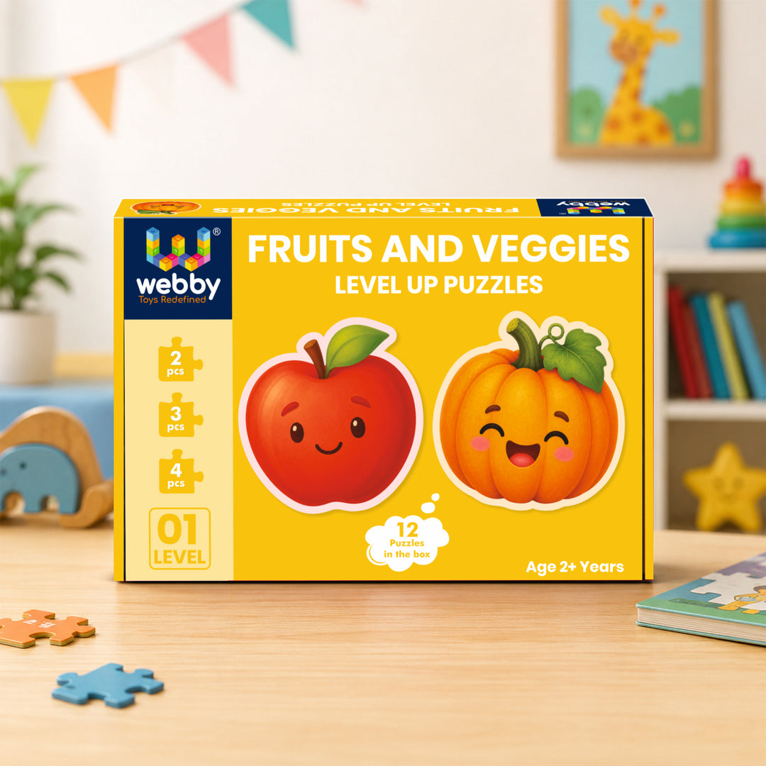 Webby Fruits and Vegetables Level Up Jigsaw Puzzle for Kids | 12 Puzzles in Box, Ages 2+ Years, Montessori Learning, 2-4 Piece Puzzles, Develops Motor Skills