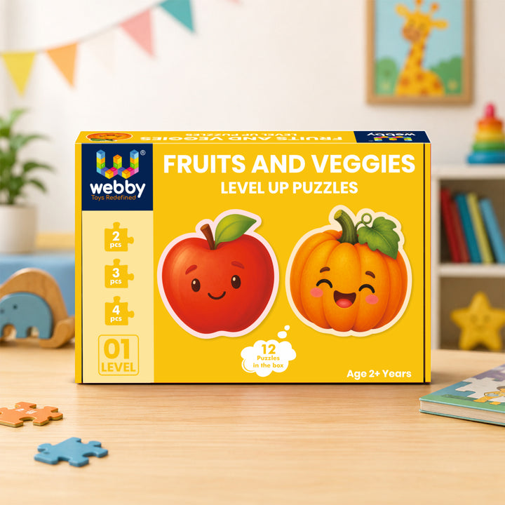 Webby Fruits and Vegetables Level Up Jigsaw Puzzle for Kids | 12 Puzzles in Box, Ages 2+ Years, Montessori Learning, 2-4 Piece Puzzles, Develops Motor Skills