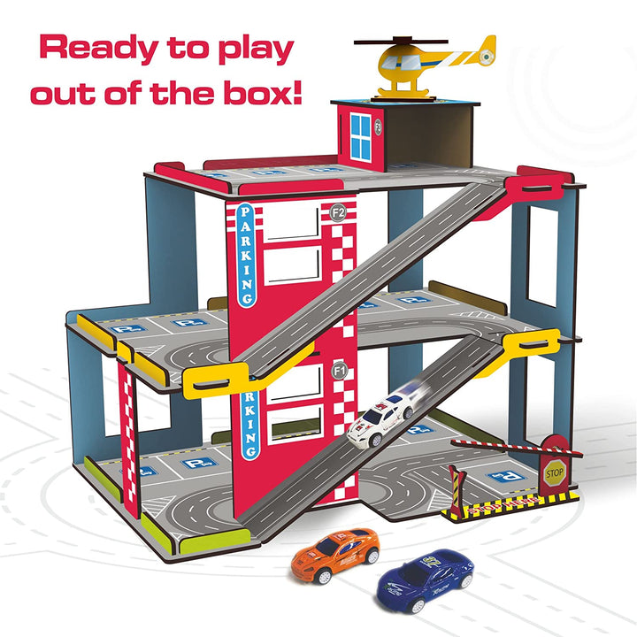 Webby Multilevel Parking Garage Playset with 3 Pullback Metal Cars, Parking Gate, Sign Boards and Helicopter for Boys and Girls