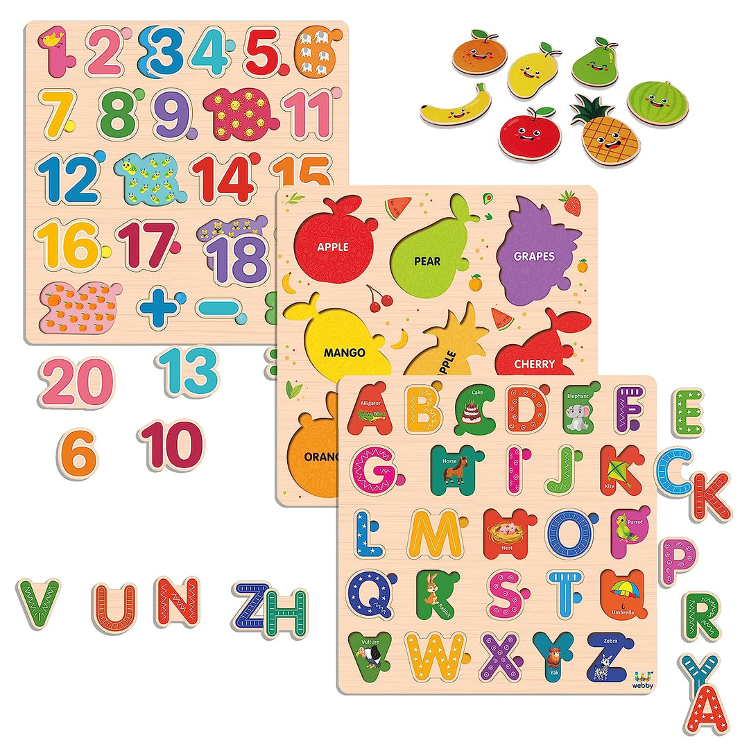 Webby Wooden Educational Colorful Alphabets, Counting Numbers and Fruit Puzzle for Preschool Kids - Set of 3