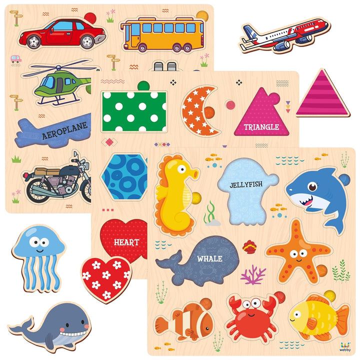 Webby Wooden Learning Puzzle Set | Educational Montessori Toys with Sea Animals, Shapes and Transport Vehicles | Set of 3 Puzzles for Kids