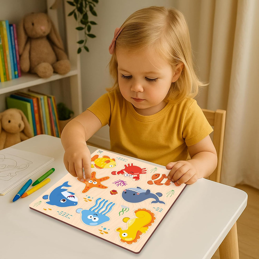 Webby Sea Animal Wooden Learning Puzzle | Educational Montessori Toy for Pre School Kids