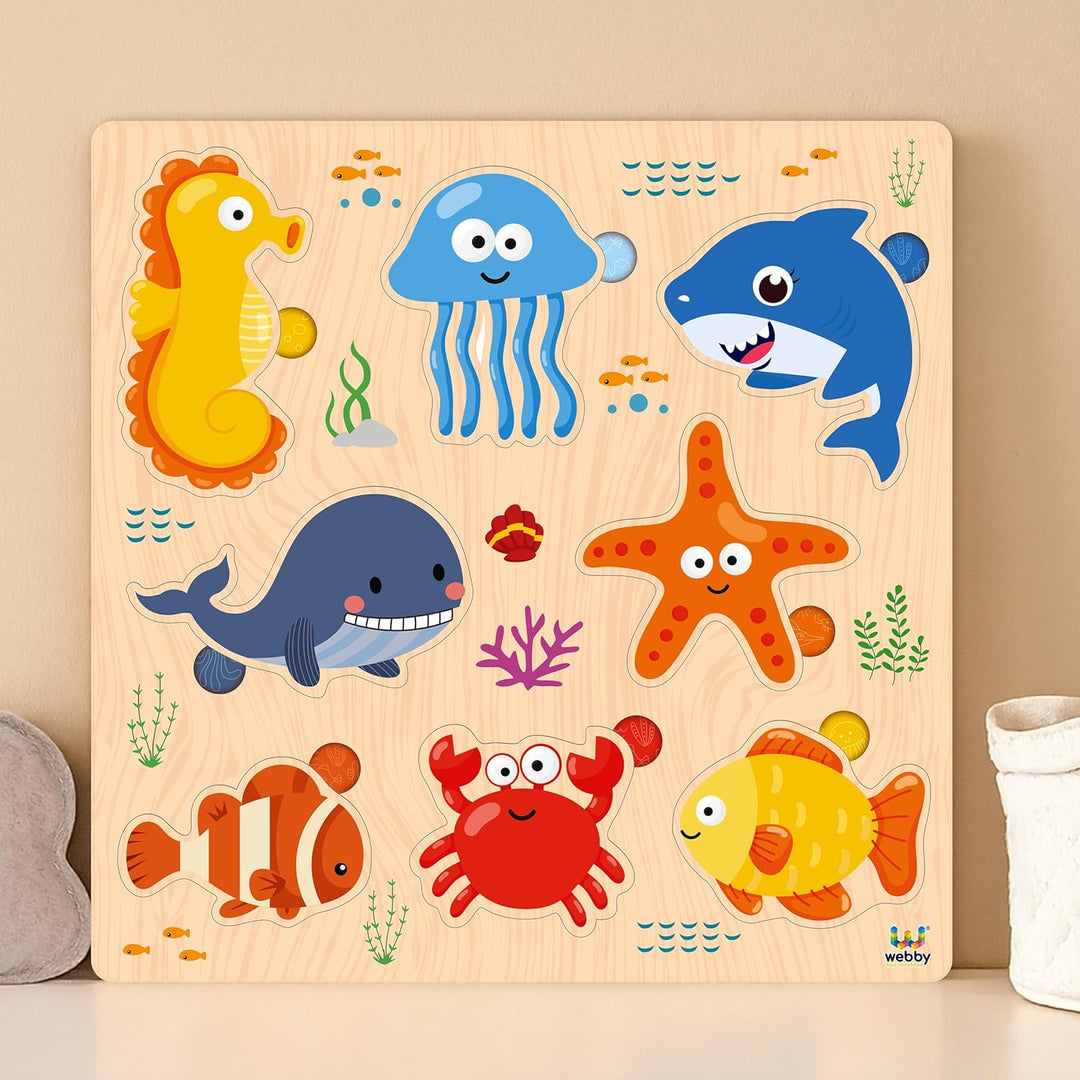 Webby Wooden Learning Puzzle Set | Educational Montessori Toys with Sea Animals, Vegetables, Transport Vehicles | Set of 3 Puzzles for Kids