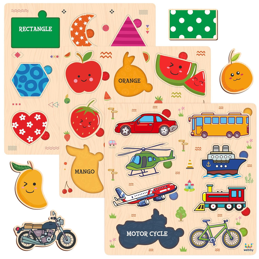 Webby Wooden Learning Puzzle Set | Educational Montessori Toys with Shapes, Fruits and Transport Vehicles | Set of 3 Puzzles for Kids