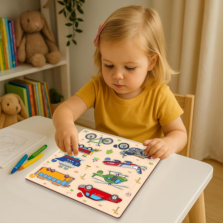 Webby Wooden Learning Puzzle Set | Educational Montessori Toys with Sea Animals, Vegetables, Transport Vehicles | Set of 3 Puzzles for Kids