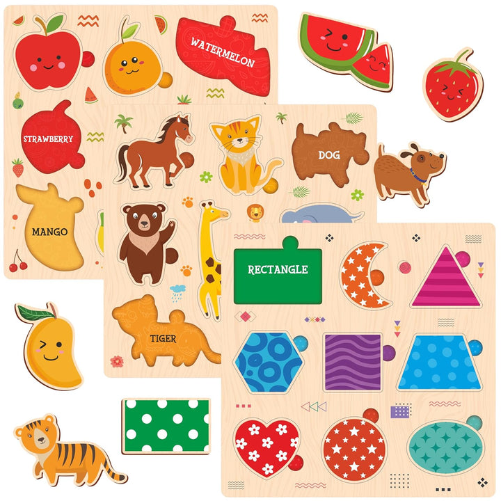 Webby Wooden Learning Puzzle Set | Educational Montessori Toys with Shapes, Animals and Fruits | Set of 3 Puzzles for Kids