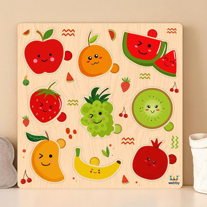 Webby Wooden Learning Puzzle Set | Educational Montessori Toys with Shapes, Animals and Fruits | Set of 3 Puzzles for Kids