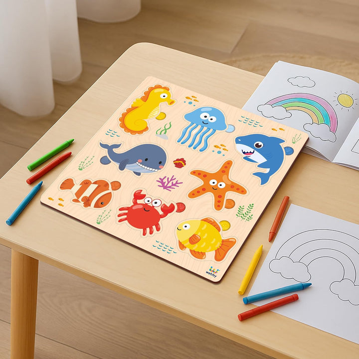 Webby Sea Animal Wooden Learning Puzzle | Educational Montessori Toy for Pre School Kids