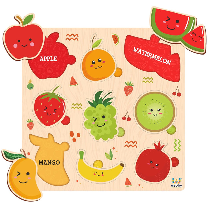 Webby Wooden Learning Puzzle Set | Educational Montessori Toys with Shapes, Fruits and Transport Vehicles | Set of 3 Puzzles for Kids