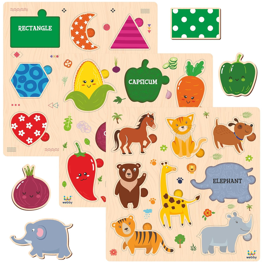 Webby Wooden Learning Puzzle Set | Educational Montessori Toys with Shapes, Vegetables, Animals | Set of 3 Puzzles for Kids