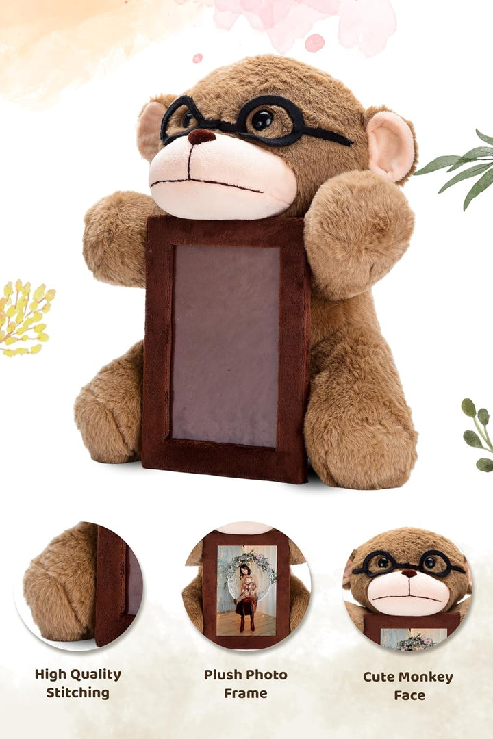 Webby Plush Monkey with Specs and Photoframe Soft Toys | Birthday Gift for Kids and Adults (Brown)
