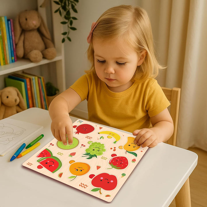 Webby Wooden Learning Puzzle Set | Educational Montessori Toys with Shapes, Fruits and Transport Vehicles | Set of 3 Puzzles for Kids