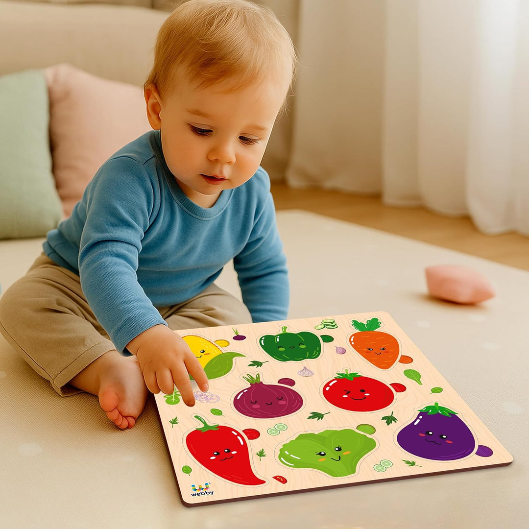 Webby Wooden Learning Puzzle Set | Educational Montessori Toys with Shapes, Vegetables, Animals | Set of 3 Puzzles for Kids
