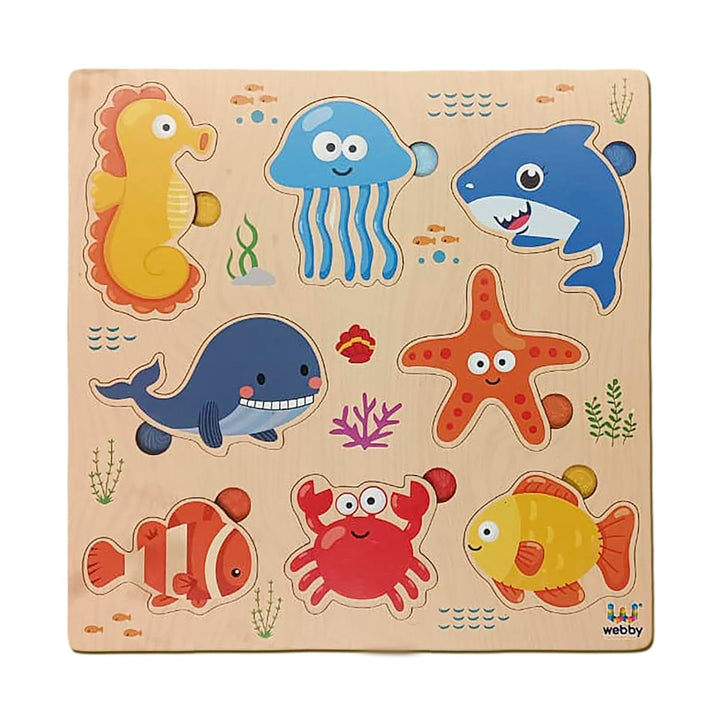 Webby Wooden Learning Puzzle Set | Educational Montessori Toys with Sea Animals, Vegetables, Transport Vehicles | Set of 3 Puzzles for Kids
