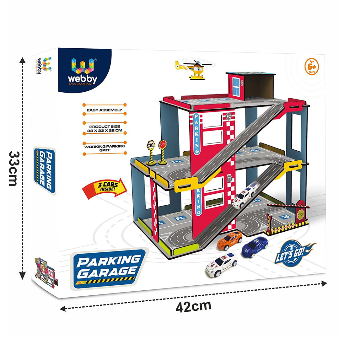 Webby Multilevel Parking Garage Playset with 3 Pullback Metal Cars, Parking Gate, Sign Boards and Helicopter for Boys and Girls