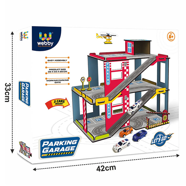 Webby Multilevel Parking Garage Playset with 3 Pullback Metal Cars, Parking Gate, Sign Boards and Helicopter for Boys and Girls