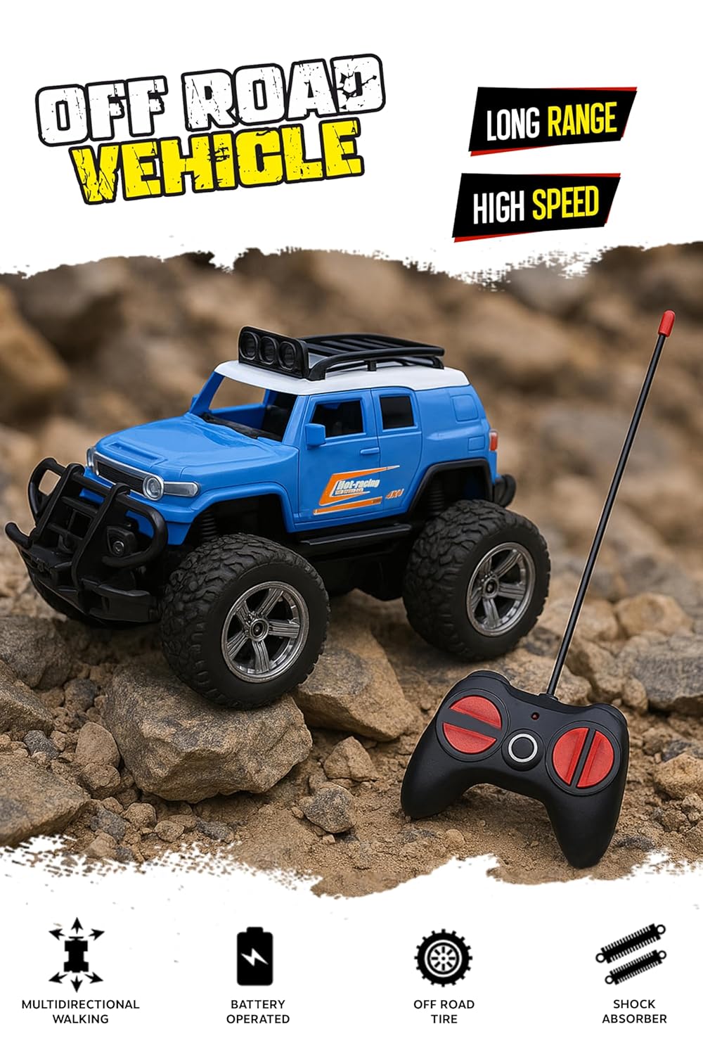 Webby Off-Road Remote Control Monster Truck for Boys | Multi-Direction Control | Birthday Gift for Boys & Girls | RC Car with Rechargeable Battery USB Cable (Blue), 3+ Years