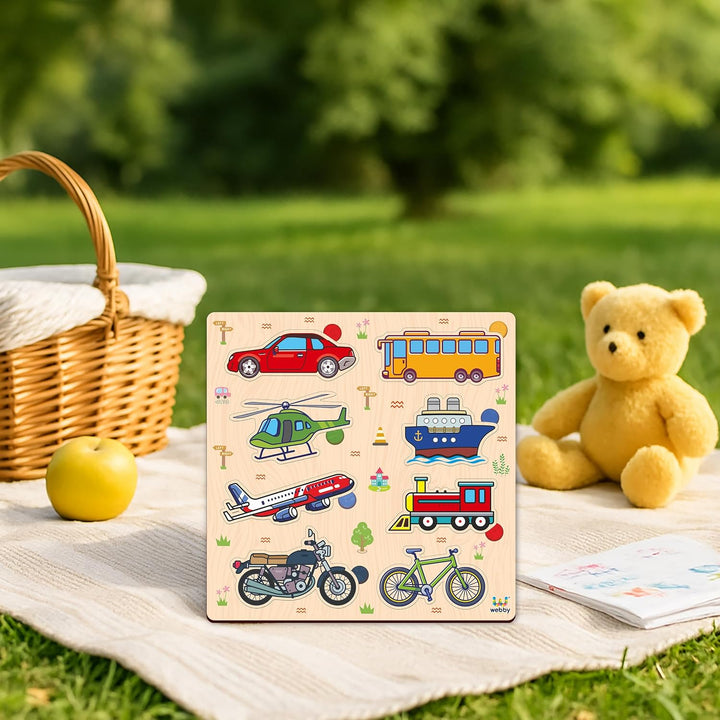 Webby Wooden Learning Puzzle Set | Educational Montessori Toys with Shapes, Fruits and Transport Vehicles | Set of 3 Puzzles for Kids
