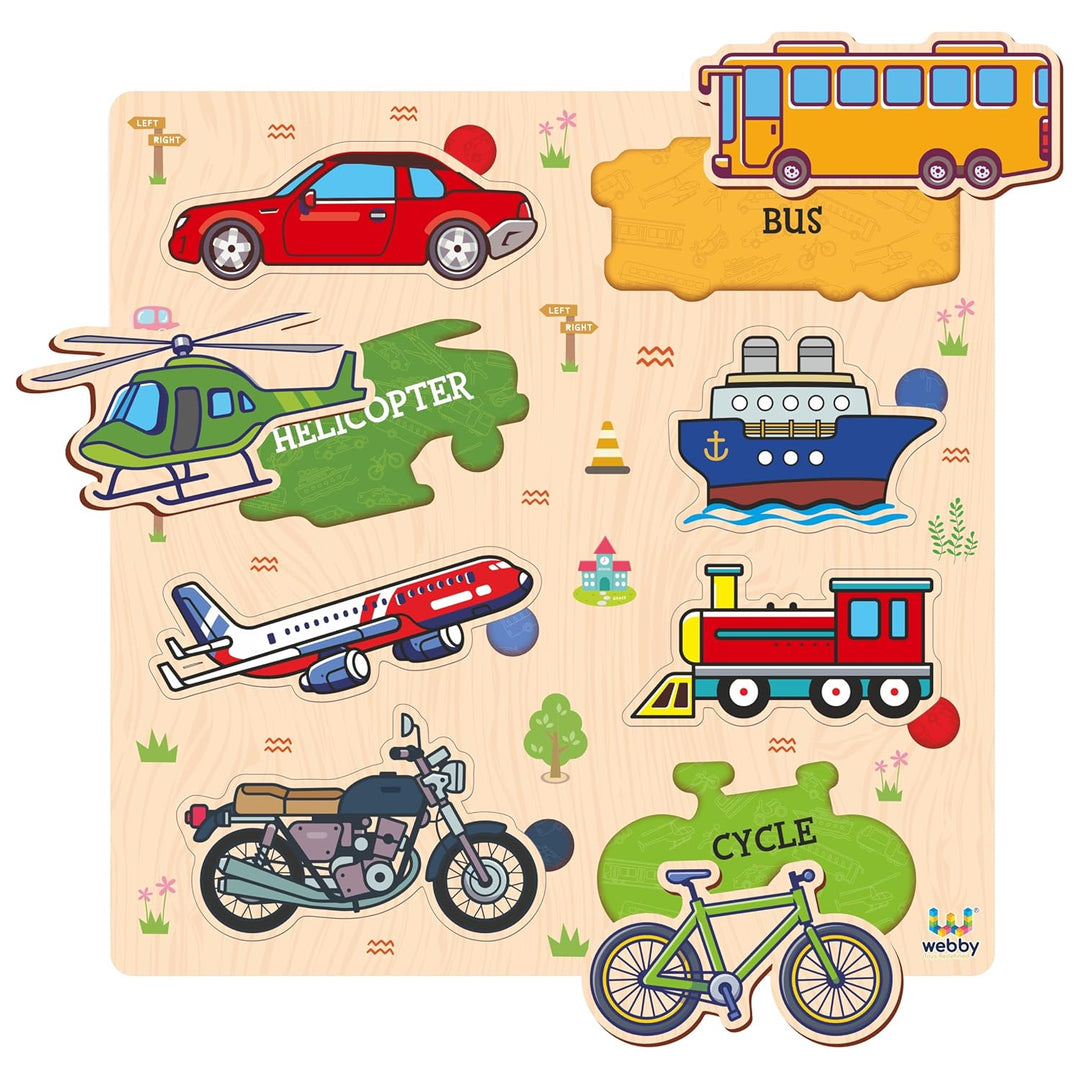 Webby Wooden Learning Puzzle Set | Educational Montessori Toys with Shapes, Fruits and Transport Vehicles | Set of 3 Puzzles for Kids