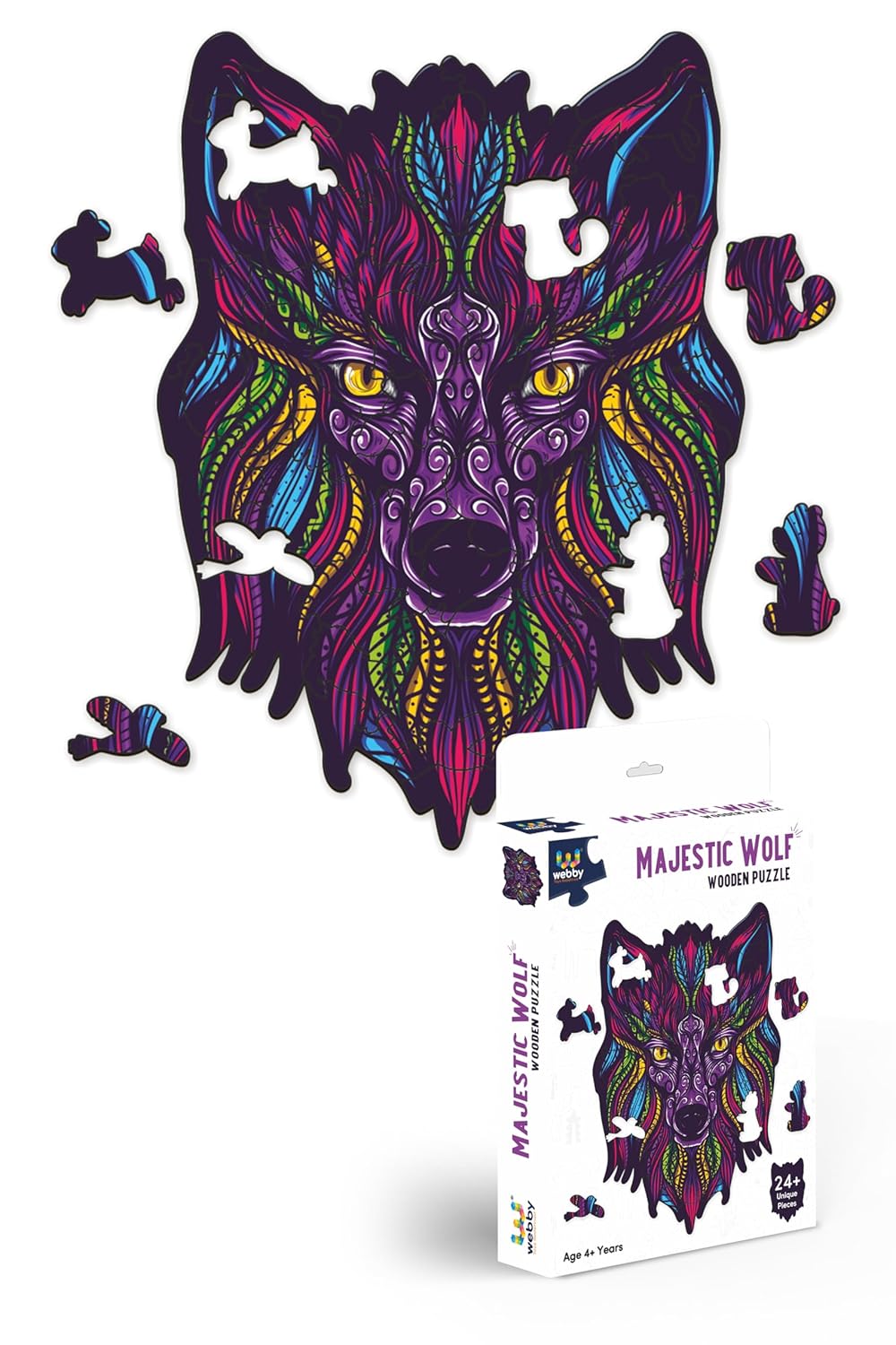 Webby Majestic Wolf Jigsaw Puzzle | Travel Game | Wooden Zentangle Art Design Puzzle Toy for Kids and Adults (24 Pieces)