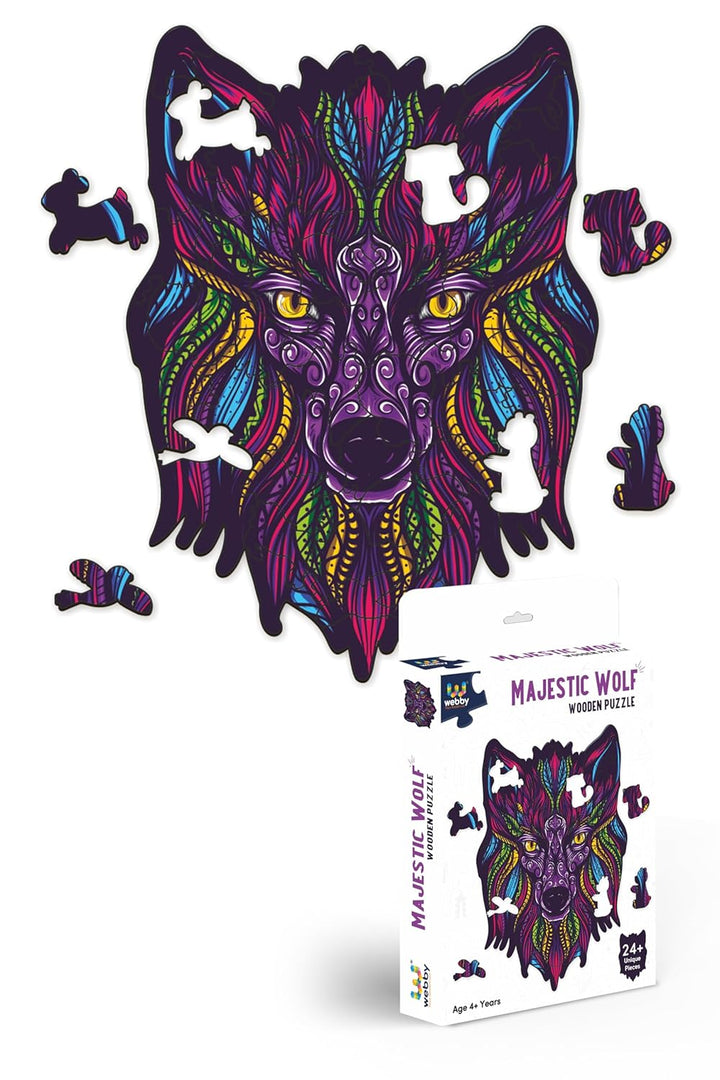 Webby Majestic Wolf Jigsaw Puzzle | Travel Game | Wooden Zentangle Art Design Puzzle Toy for Kids and Adults (24 Pieces)