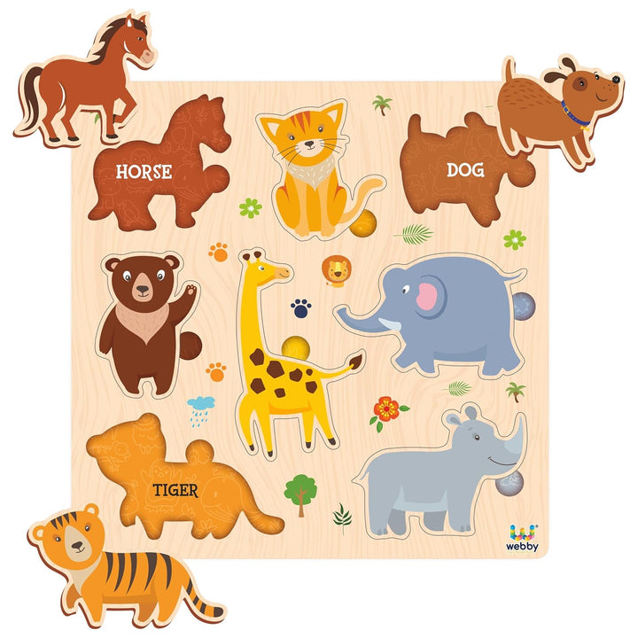 Webby Wooden Learning Puzzle Set | Educational Montessori Toys with Shapes, Vegetables, Animals | Set of 3 Puzzles for Kids