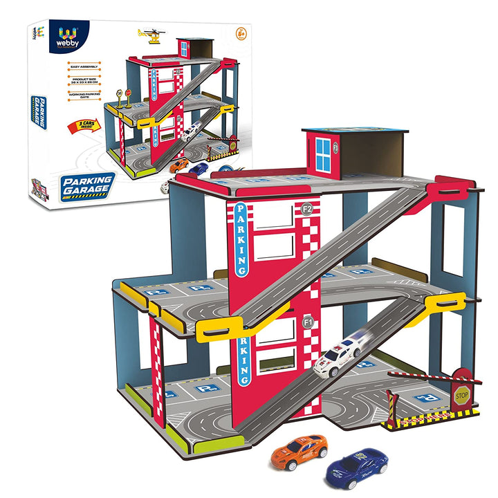 Webby Multilevel Parking Garage Playset with 3 Pullback Metal Cars, Parking Gate, Sign Boards and Helicopter for Boys and Girls