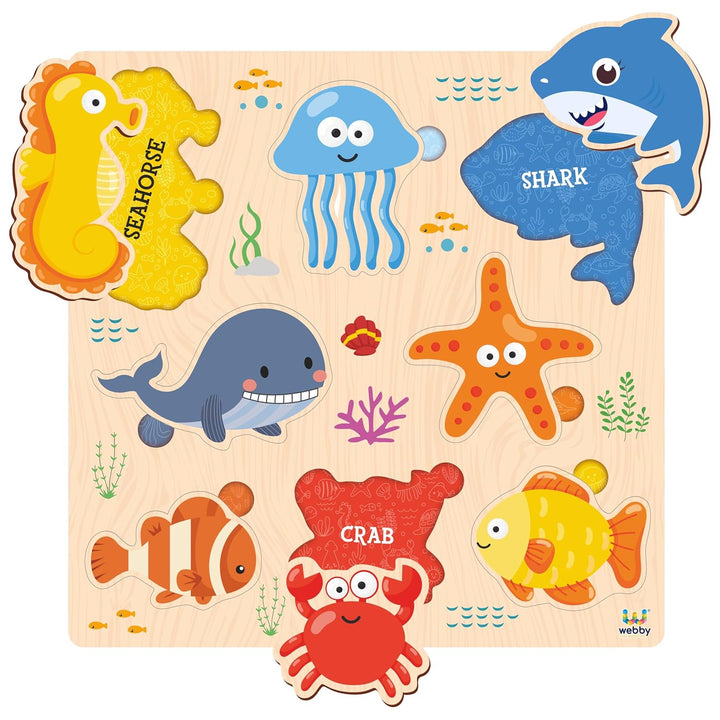 Webby Wooden Learning Puzzle Set | Educational Montessori Toys with Sea Animals, Vegetables, Transport Vehicles | Set of 3 Puzzles for Kids