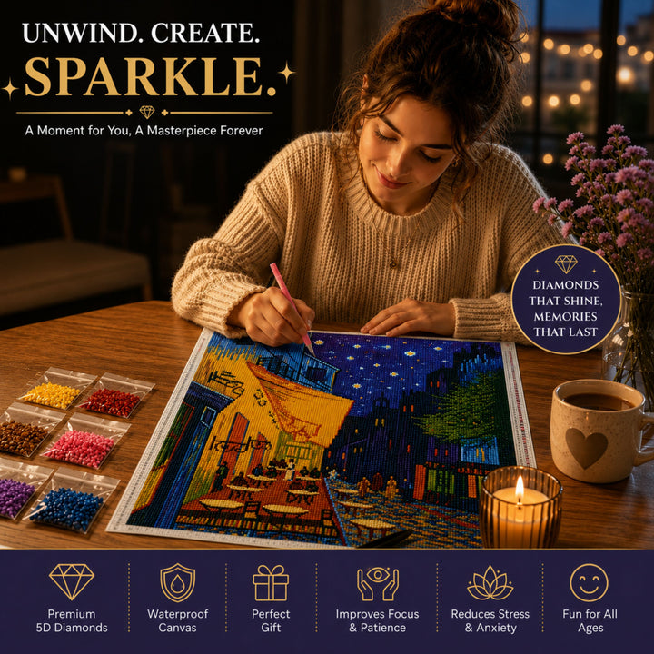 Webby Café Night 5D Diamond Painting Kit | Waterproof Canvas, 5D Diamond Beads, Includes Pen & Tweezer, Stress Relieving, For All Ages