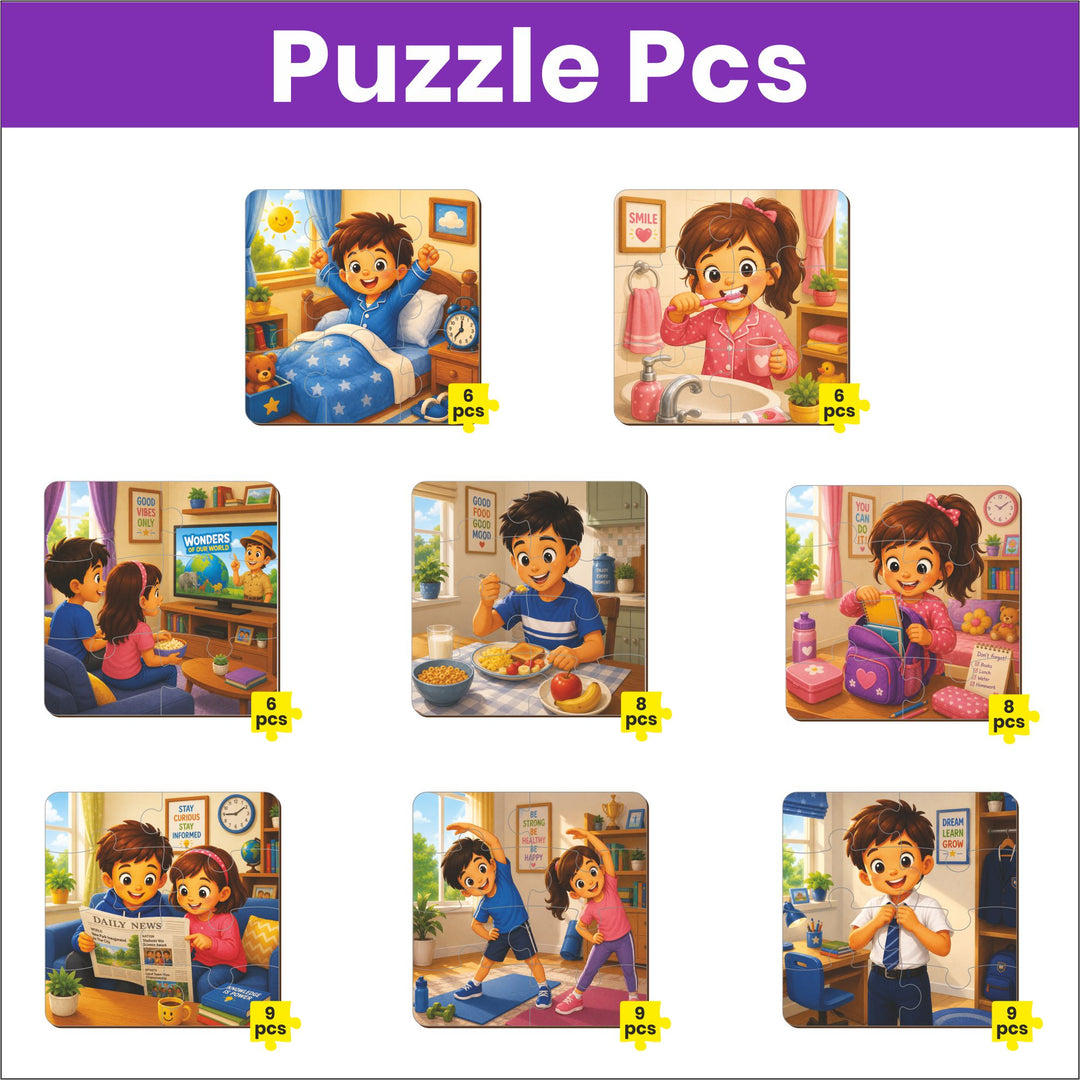 Webby Daily Routines Level Up Jigsaw Puzzle for Kids | 8 Puzzles in Box, 3 Difficulty Levels, 6-9 Pieces per Puzzle, Age 2+ Years