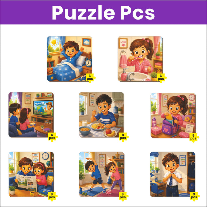 Webby Daily Routines Level Up Jigsaw Puzzle for Kids | 8 Puzzles in Box, 3 Difficulty Levels, 6-9 Pieces per Puzzle, Age 2+ Years
