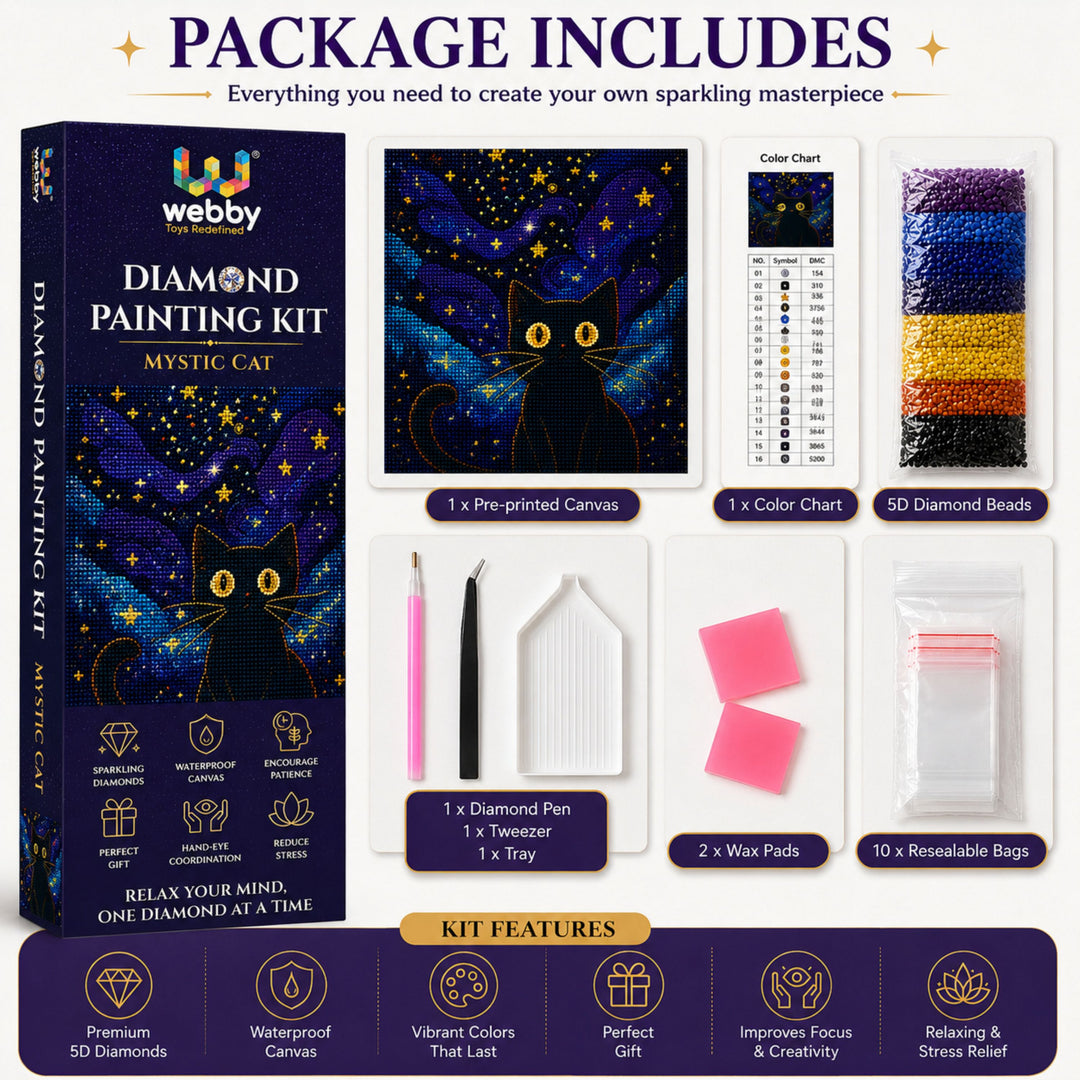 Webby Mystic Cat 5D Diamond Painting Art and Craft Kit | DIY Activity, Waterproof Canvas, 5D Crystal Diamonds, Includes Tools & Tray, Stress Relief