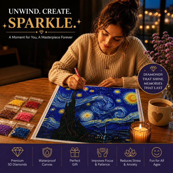 Webby DIY Starry Night 5D Diamond Painting Art and Craft Kit | Waterproof Canvas, Includes Diamond Pen, Stress Relief Activity, Resealable Storage Bags, Colour Chart Included
