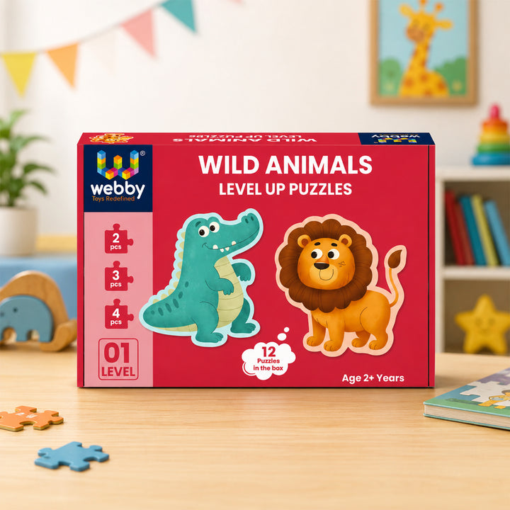 Webby Wild Animals Level Up Jigsaw Puzzles for Kids | 12 Puzzles in Box, 2 to 4 Piece Puzzles, Fine Motor Skills, Montessori Learning, Visual Recognition