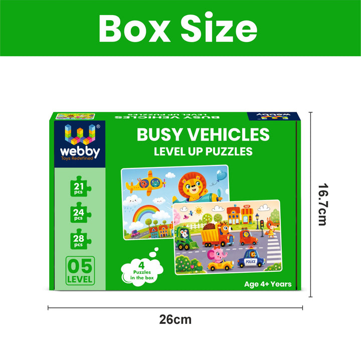 Webby Busy Vehicles Level Up Jigsaw Puzzles for Kids | 4 Puzzles in 1 Box, 21-28 Pieces per Puzzle, Ages 4+ Years