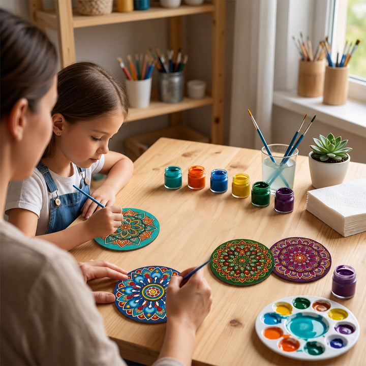 Webby DIY Art and Craft Wooden Mandala Coaster Set | Ages 7+ Years, Includes Paints & Brush, Pre-Engraved Designs, Eco-Friendly Wood, Display Stand Included