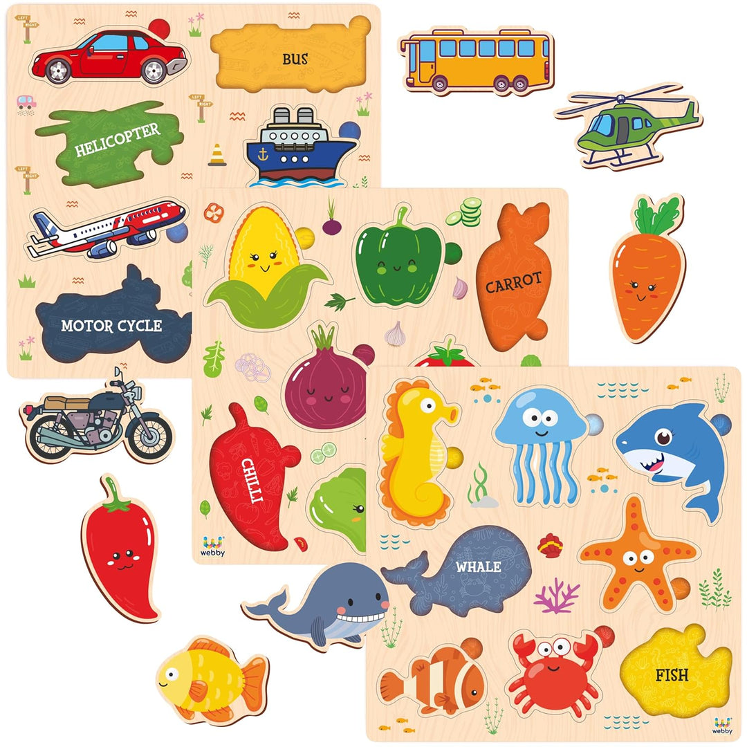 Webby Wooden Learning Puzzle Set | Educational Montessori Toys with Sea Animals, Vegetables, Transport Vehicles | Set of 3 Puzzles for Kids