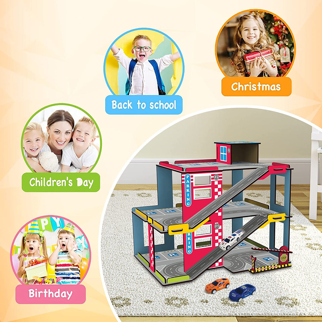 Webby Multilevel Parking Garage Playset with 3 Pullback Metal Cars, Parking Gate, Sign Boards and Helicopter for Boys and Girls