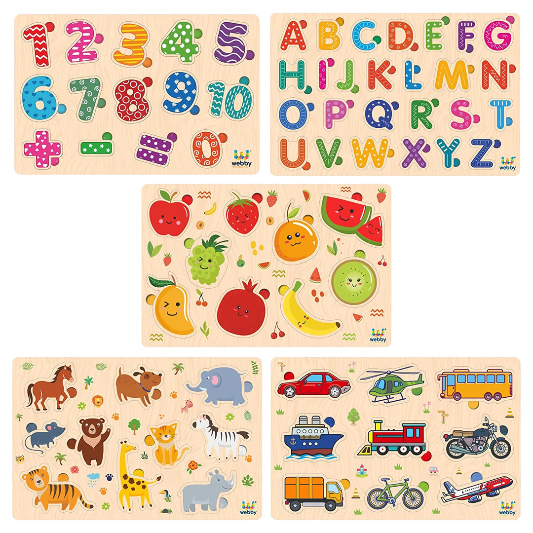 Webby Wooden Educational Colorful Alphabets, Counting Numbers, Fruits, Animals, and Public Transport Puzzle for Preschool Kids - Set of 5